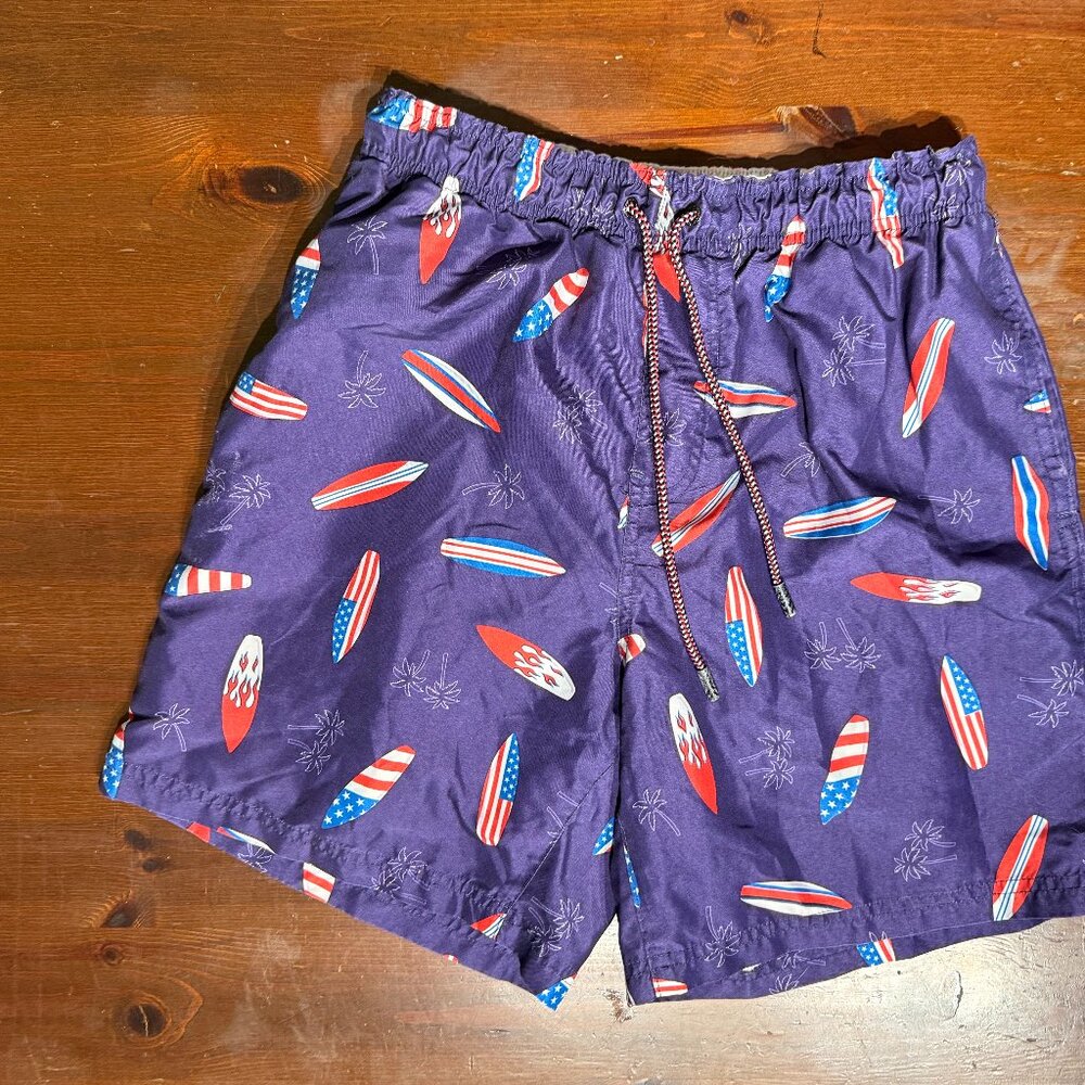 Mens Small Swim Trunks by Broken Threads Red White and Blue Surfboards